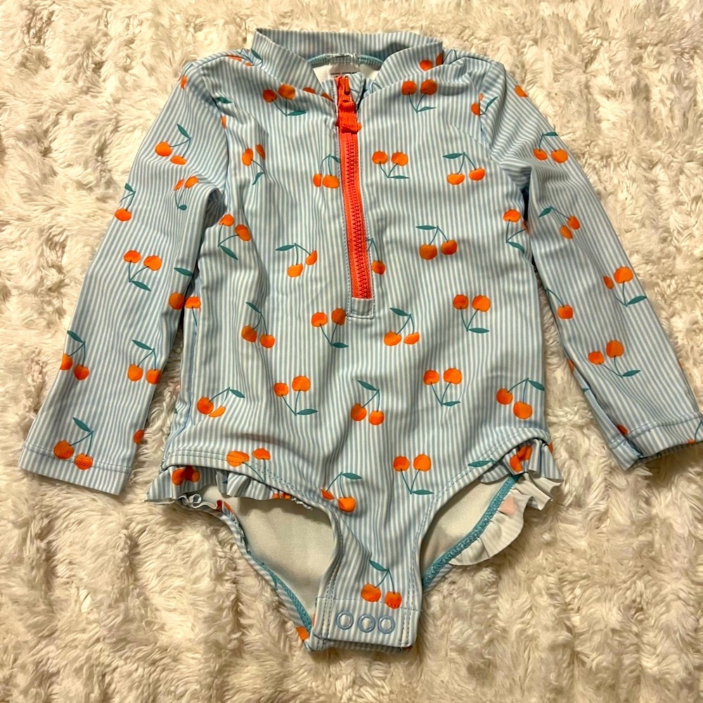 Carter's Blue and Pink Striped Swimsuit with Cherries Print